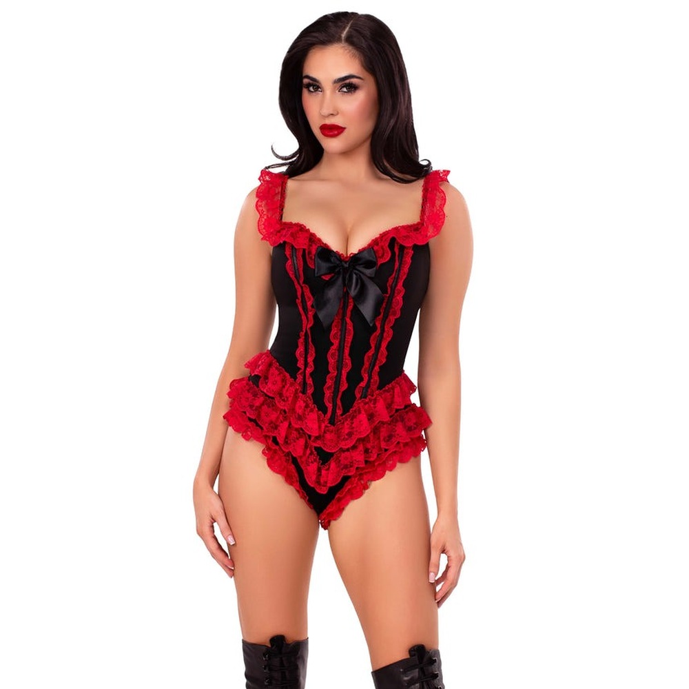 Leg Avenue - Boned Ruffle Bodysuit with Bow Accent Kostuum - Zwart/Rood